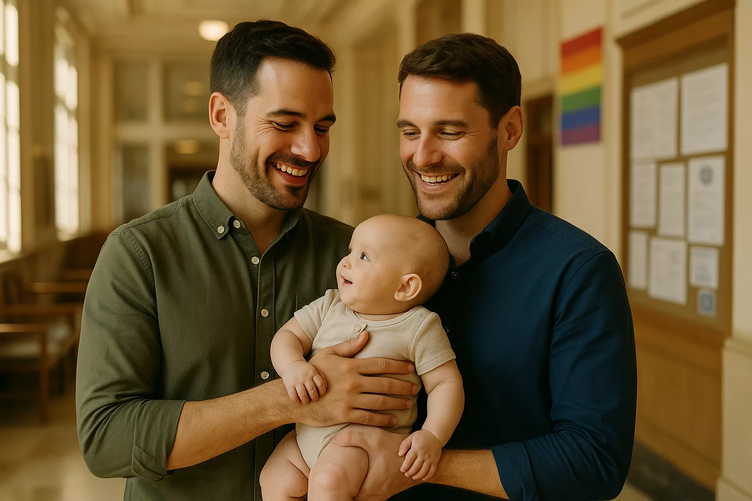 Deux papas heureux à la sortie d'un tribunal